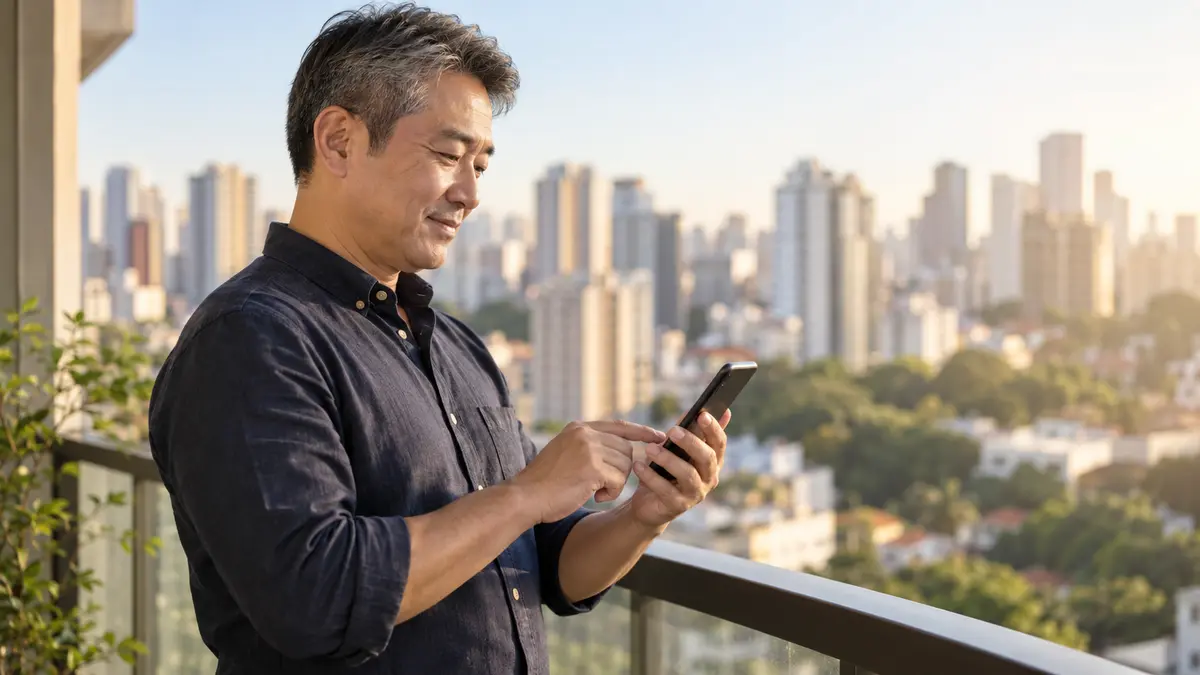 Homem consulta o rendimento de uma conta digital pelo celular
