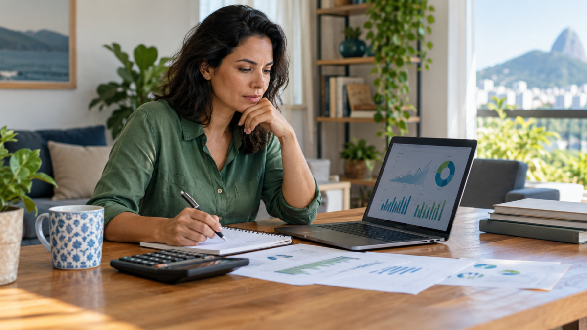 Mulher analisa orçamento e investimentos diante do notebook